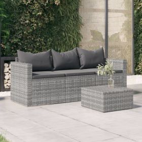 3-Seater Patio Sofa with Cushions Gray Poly Rattan