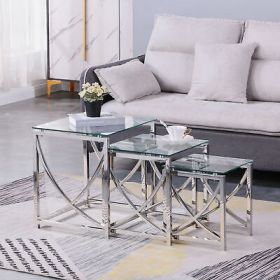 3 Pieces Silver Square Nesting Glass End Tables- Small Coffee Table Set-