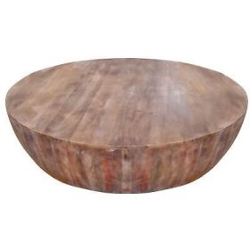 Handcarved Drum Shape Round Top Mango Wood Distressed Wooden Coffee Table, Brown