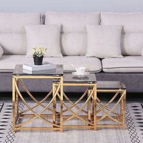 3 Pieces Gold Square Nesting Glass End Tables- Small Coffee Table Set- Stainless