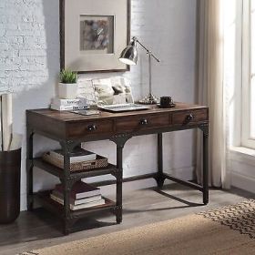 Gorden Writing Desk, Espresso Oak Finish Antique Black Metal OF00143