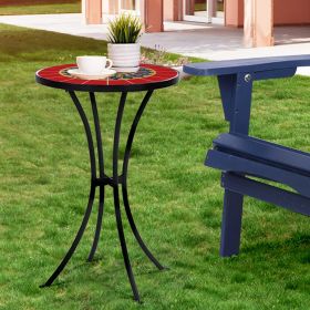 Outdoor Mosaic Side Table, 14 Inch Round Concrete Tile Top, Patio End Table for Bistro Coffee Table -Red