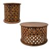 31, 17 Inch 2 Piece Farmhouse Round Coffee Table and Side End Table Set, Mango Wood, Cut Out Design, Rustic Brown