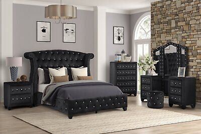 Sophia Queen 5-N Vanity Upholstery Bedroom Set Made With Wood in Black