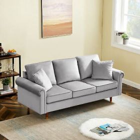 Velvet Sofa Couch with 2 Pillows Modern 3 Seater Sofa With Wood Legs