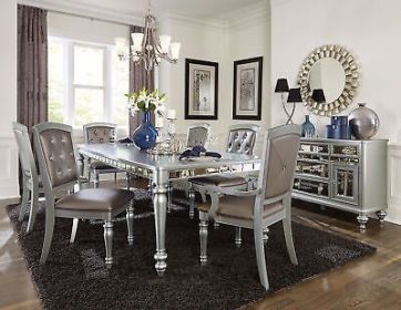 Glamorous Silver Finish Dining Set 7pc Table 2x Armchairs 4x Side Chairs Crystal