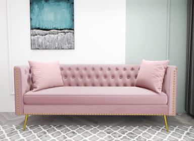 Modern Flat Armrest Living Room Sofa Pink Three Seat Sofa With Two Throw Pillows