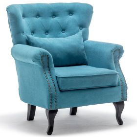 Accent Wingback Chair; Modern Tufted Linen Club Chair; Rivet Roll Arm Chair for Living Room; Bedroom; Blue