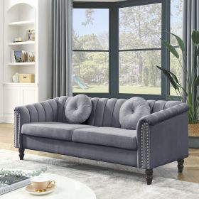 MH Modern Velvet Upholstered Sofa Couch, 3 Seat Tufted Back with Nail Arms with 2 pillows, Solid wood Legs, Sleeper Sofa for Living Room, Compact Livi