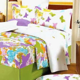 Blancho Bedding - [Green Purple Butterflies] 100% Cotton 7PC Bed In A Bag (King Size)