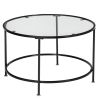 2 Layers 5mm Thick Tempered Glass Countertops Round Wrought Iron Coffee Table Black