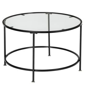 2 Layers 5mm Thick Tempered Glass Countertops Round Wrought Iron Coffee Table Black