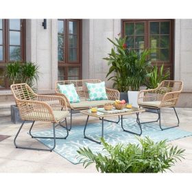 Manhattan Comfort Antibes 2.0 Steel Rattan 4-Piece Patio Conversation Set with Cushions in Cream