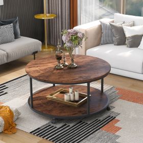 Round Coffee Table with Caster Wheels and Wood Textured Surface for Living Room, φ35.5'( Distressed Brown)