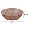 Handcarved Drum Shape Round Top Mango Wood Distressed Wooden Coffee Table, Brown