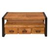 3 Drawer Wooden Farmhouse Coffee Table with Open Shelf and Metal Frame; Brown and Black