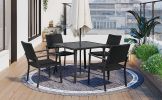 Outdoor Patio PE Wicker 5-Piece Dining Table Set with Umbrella Hole and 4 Dining Chairs for Garden, Deck,Black Frame+Black Rattan