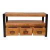 3 Drawer Wooden Farmhouse Coffee Table with Open Shelf and Metal Frame; Brown and Black