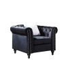 Sofa Chair with Button and Copper Nail on Arms and Back, One White Villose Pillow, Velvet Black (38"x34.5"x30")