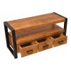 3 Drawer Wooden Farmhouse Coffee Table with Open Shelf and Metal Frame; Brown and Black