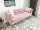 Modern Flat Armrest Living Room Sofa Pink Three Seat Sofa With Two Throw Pillows