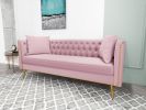 Modern Flat Armrest Living Room Sofa Pink Three Seat Sofa With Two Throw Pillows