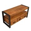 3 Drawer Wooden Farmhouse Coffee Table with Open Shelf and Metal Frame; Brown and Black