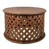 31, 17 Inch 2 Piece Farmhouse Round Coffee Table and Side End Table Set, Mango Wood, Cut Out Design, Rustic Brown